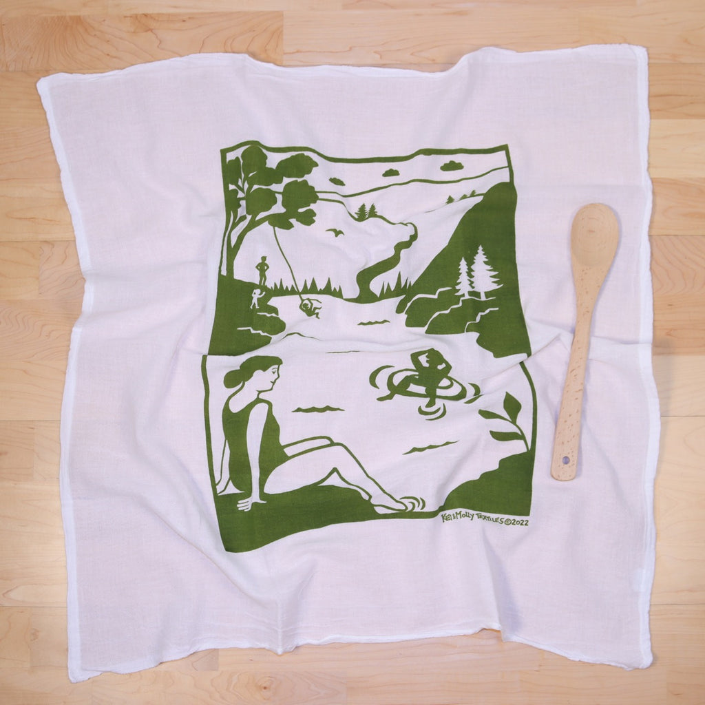 Flour Sack Dish Towel: River Fun Green