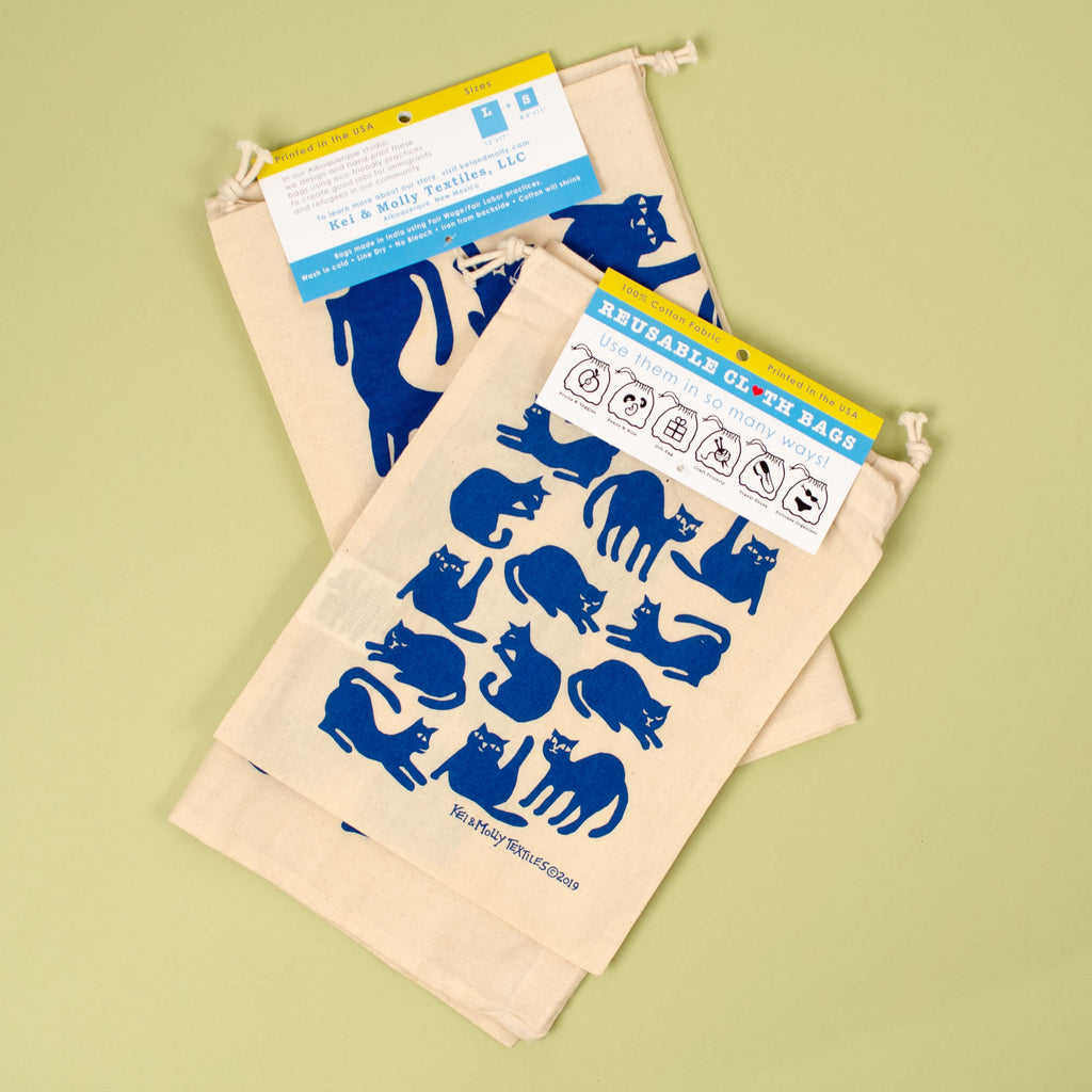 Kei & Molly Reusable Cloth Bag Set in Cats Design in Marine Blue with Fold Over Tag