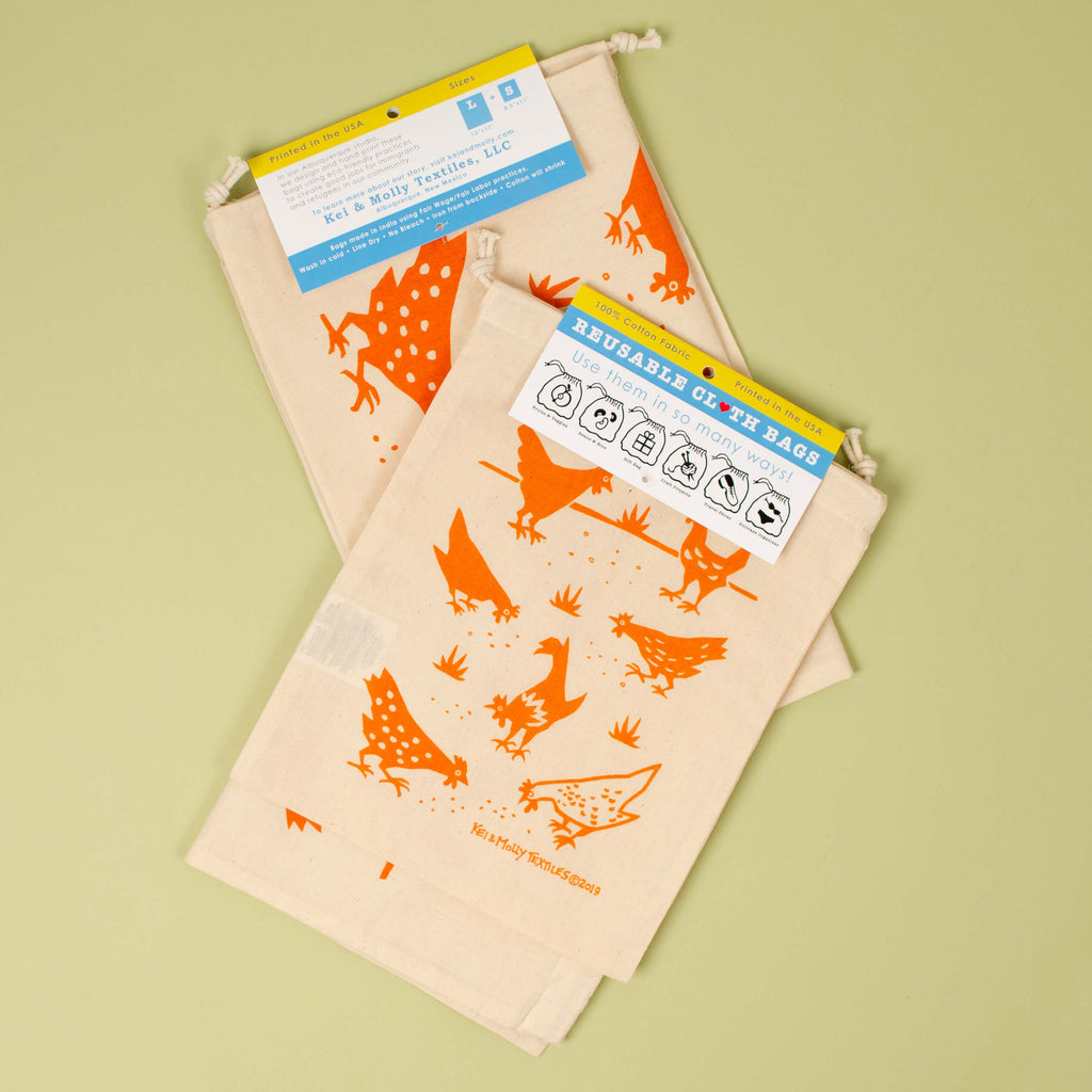 Kei & Molly Reusable Cloth Bag Set in Chickens Design in Orange with Fold Over Tag