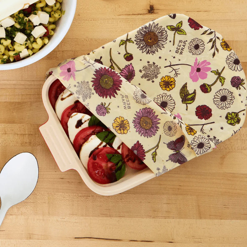 Bee's Wrap: Assorted Vegan 3 Packs Meadow Magic Print covering salad