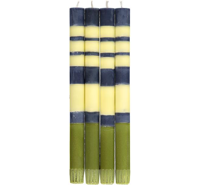 Striped Dinner Candles: Indigo-Yellow-Olive