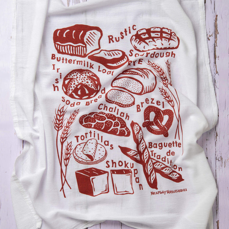 Kei & Molly Bread Flour Sack Dish Towel printed in Rust color, Front view