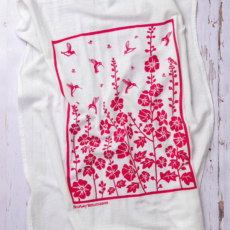 Kei & Molly Hummingbirds Flour Sack Dish Towel printed in Raspberry color, Front view