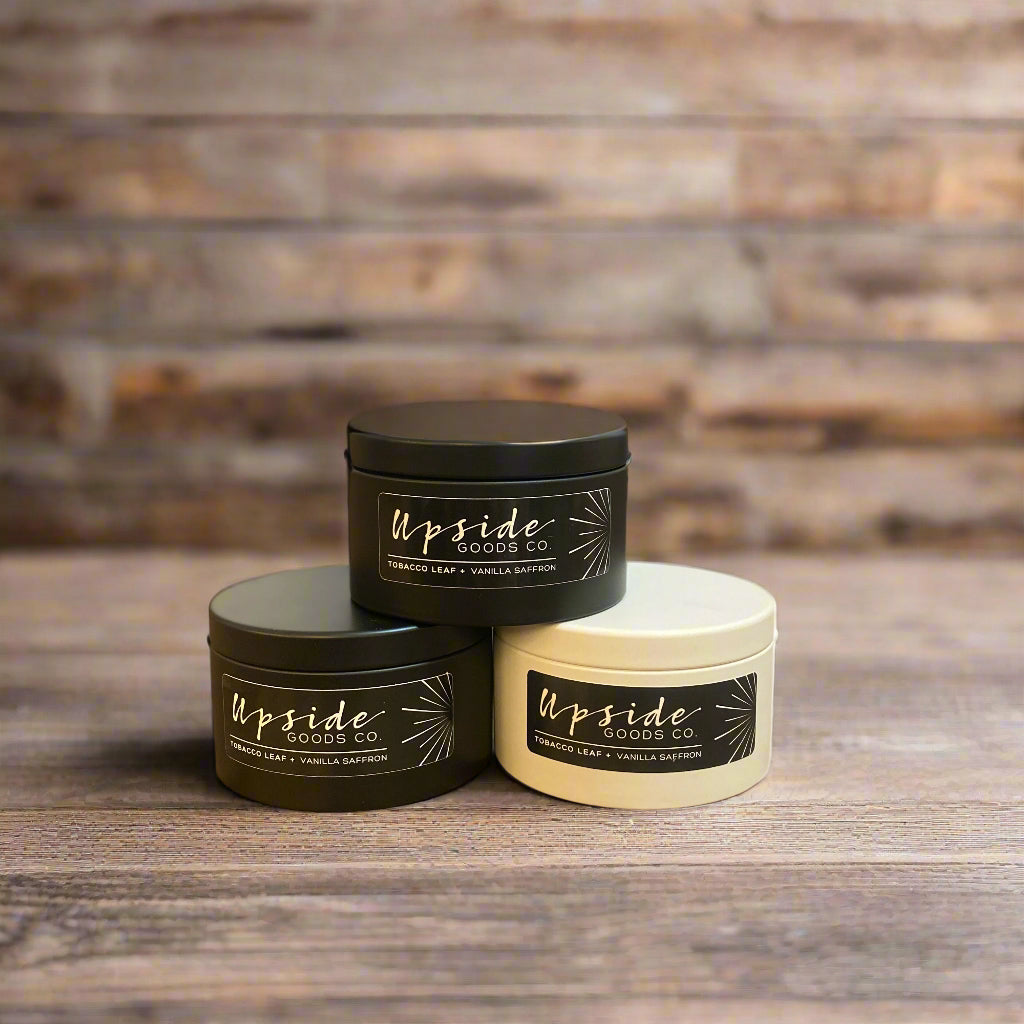 tobacco leaf and vanilla candle Tobacco Leaf + Vanilla Saffron Tin Candle – Kei & Molly Textiles, LLC