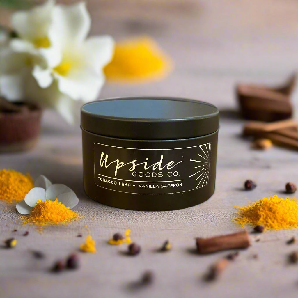 tobacco leaf and vanilla candle Tobacco Leaf + Vanilla Saffron Tin Candle – Kei & Molly Textiles, LLC