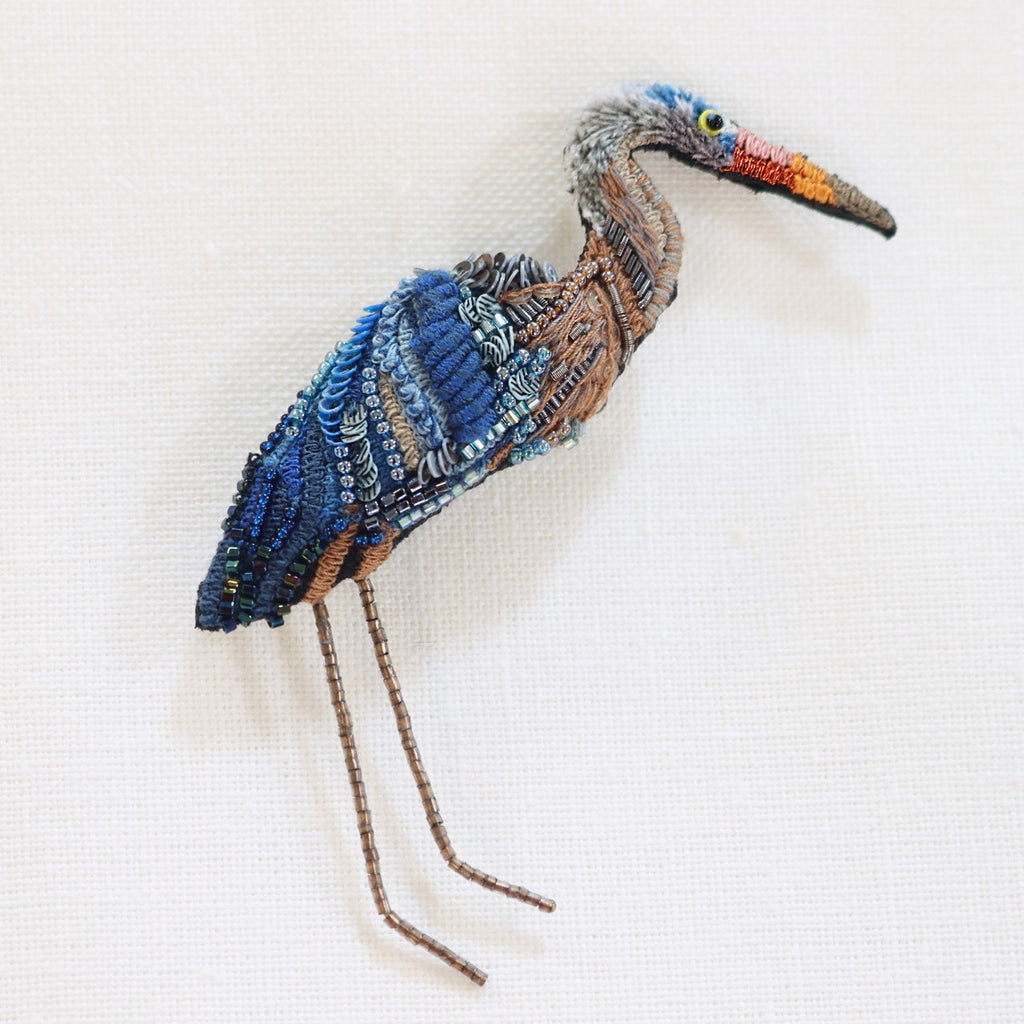 Blue Heron Beaded Brooch