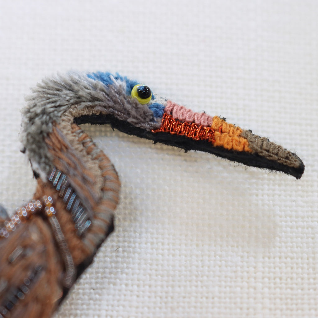 Blue Heron Beaded Brooch close-up
