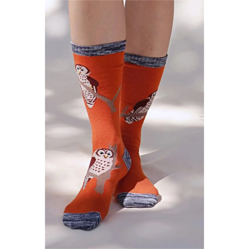 Model wearing Tabbi Socks Owl Socks