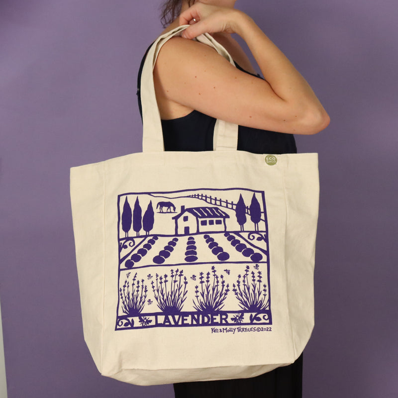 Kei & Molly Lavender Farm Tote Bag Slung over Shoulder