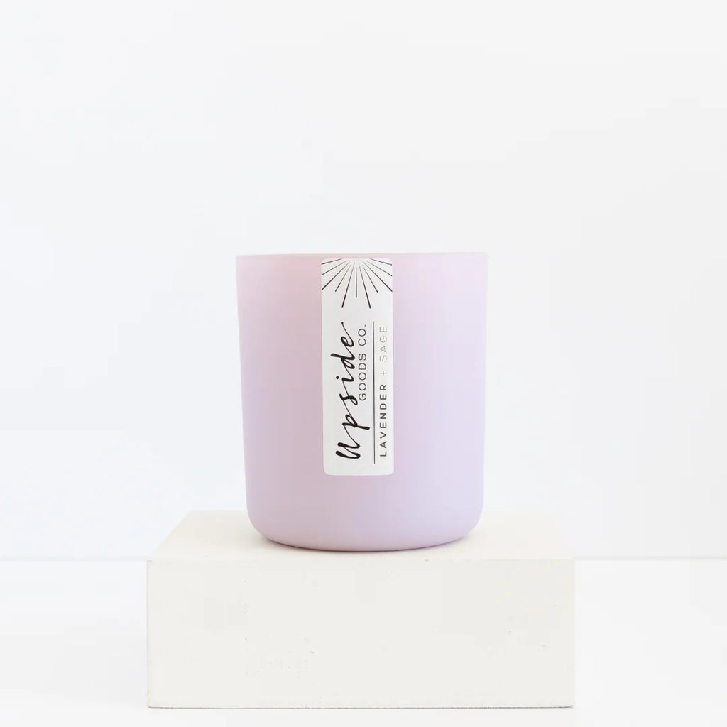 Upside Goods Co. Limited Edition Lavender + Sage glass candle is handmade in Albuquerque, New Mexico. 