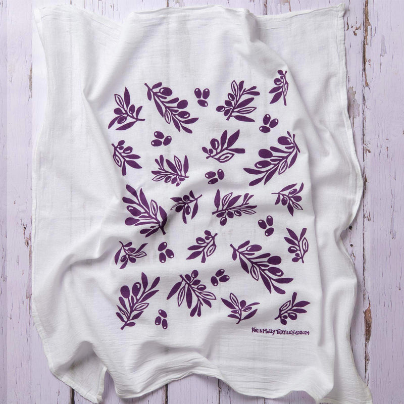 Kei & Molly Olive flour sack dish towel printed in Grape color, full front view