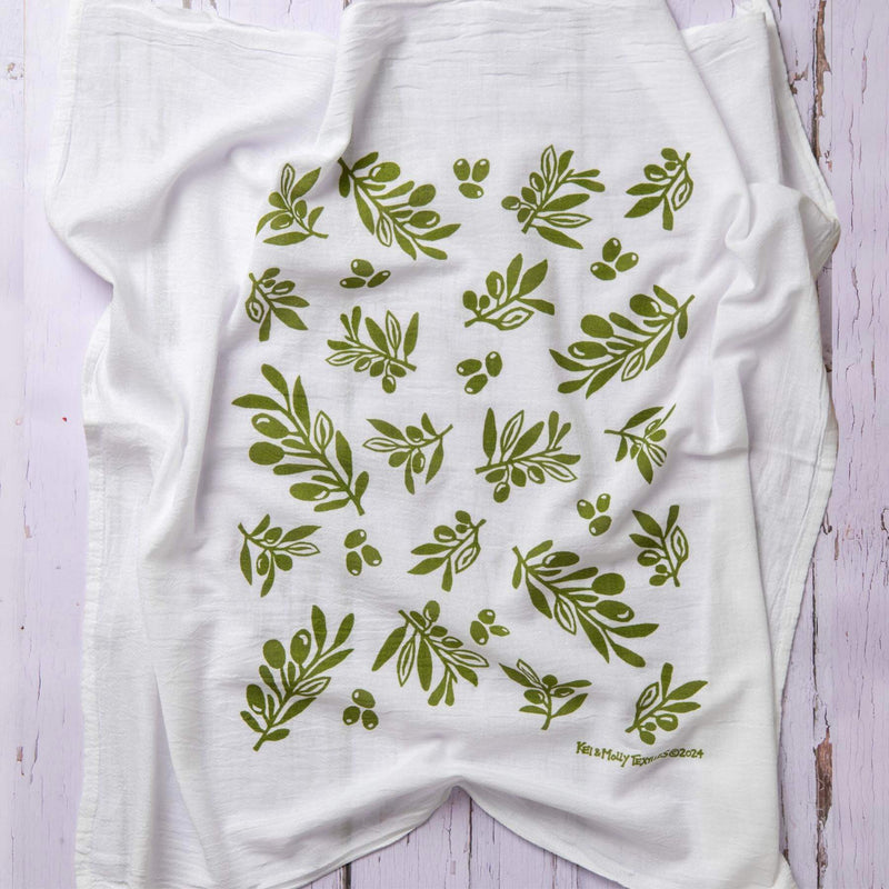 Kei & Molly Olive flour sack dish towel printed in Green color, full front view