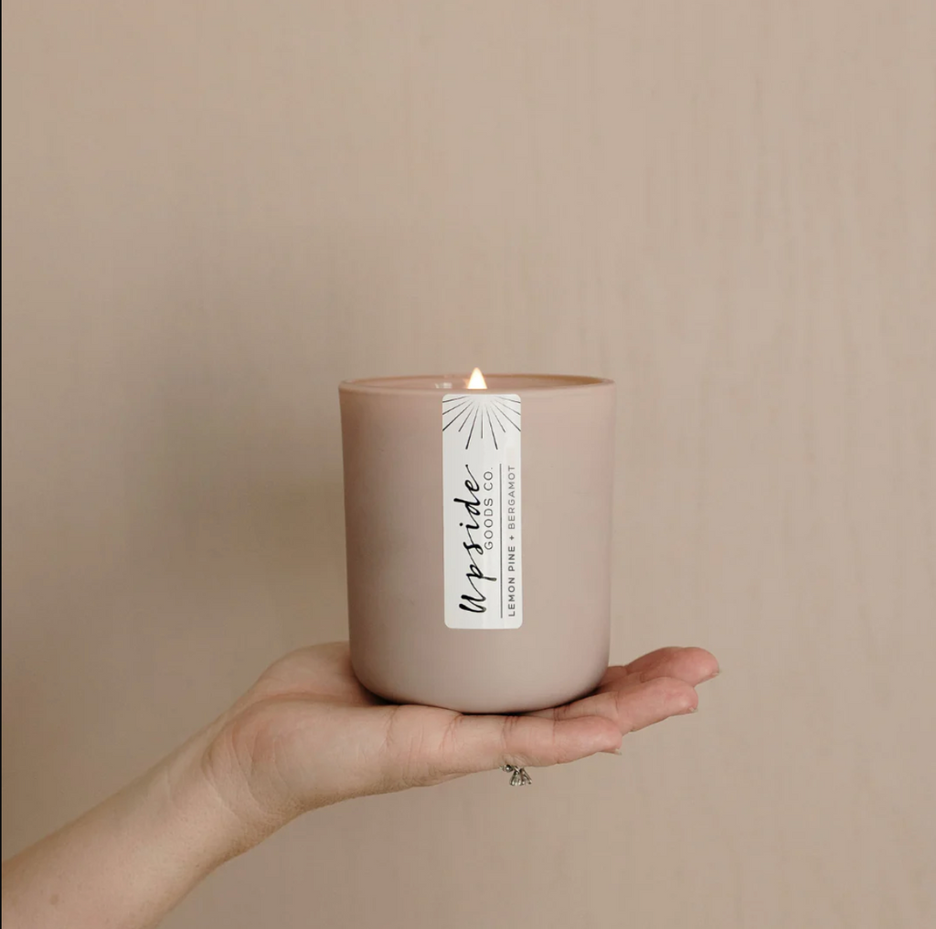 Upside Goods ~ Limited Edition Dusty Blush Glass Vessel featuring their new Lemon Pine + Bergamot candle