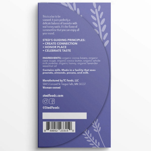 Sted Foods- Honey Lavender Mini Chocolate Bar, Back
