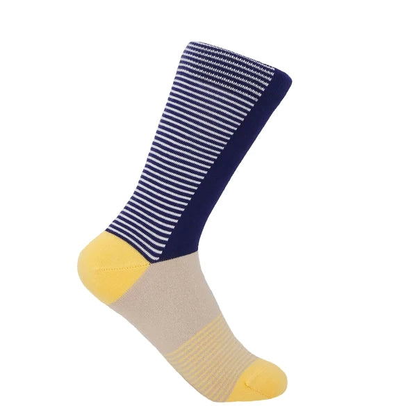 Anne Women's Organic Luxury Socks in buttercup- navy, tan, and yellow stripes and solid blocks. 