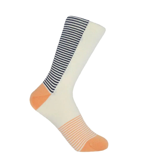 Anne Women's Organic Luxury Socks in honey- navy, cream, and orange stripes and solid blocks. 