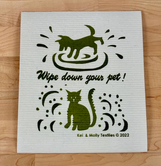 Kei & Molly Textiles Large Sponge Cloth “Wipe down your pet!” design printed in green: a dog and a cat shaking off dirt with measurements