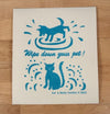 Kei & Molly Textiles Large Sponge Cloth “Wipe down your pet!” design printed in turquoise: a dog and a cat shaking off dirt with measurements