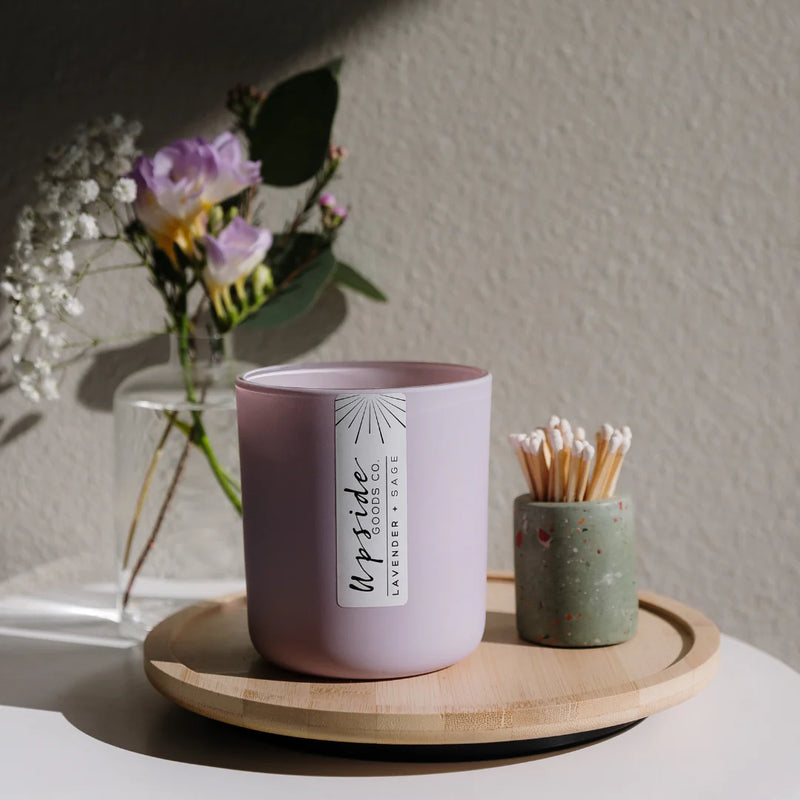 Upside Goods Co. Limited Edition Lavender + Sage glass candle is handmade in Albuquerque, New Mexico. 