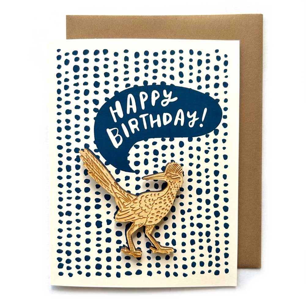 "Happy Birthday" Roadrunner Card + Magnet, Front of Card