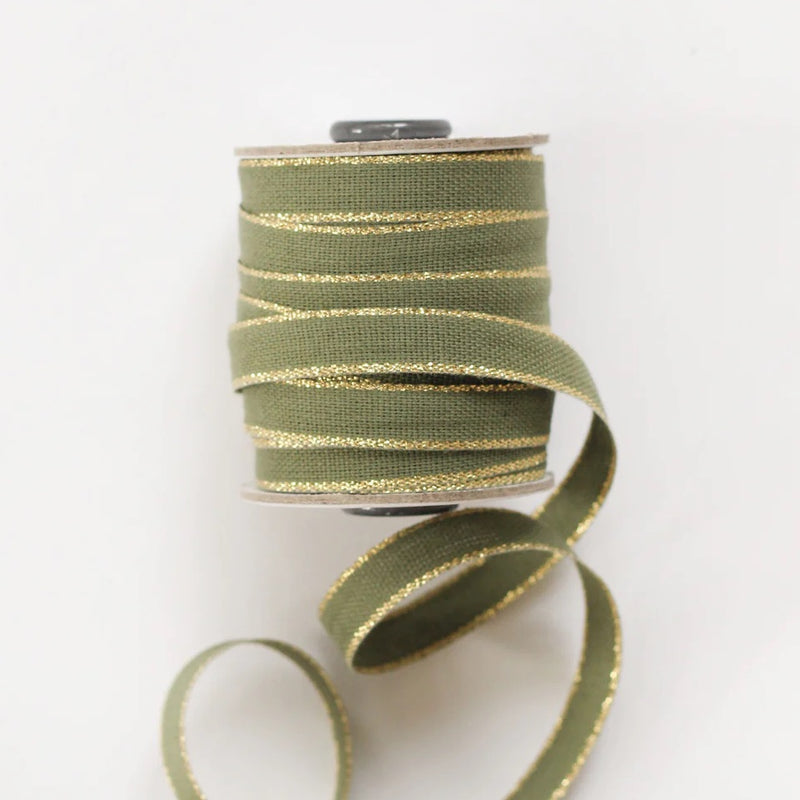 Italian Drittofilo Cotton Ribbon- Olive/ Gold