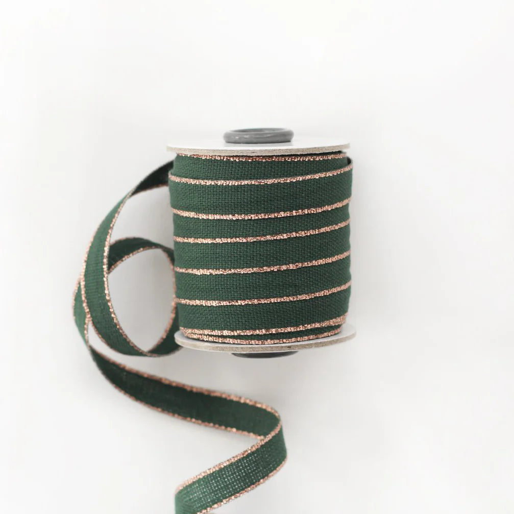 Italian Drittofilo Cotton Ribbon- Cypress/Rose Gold