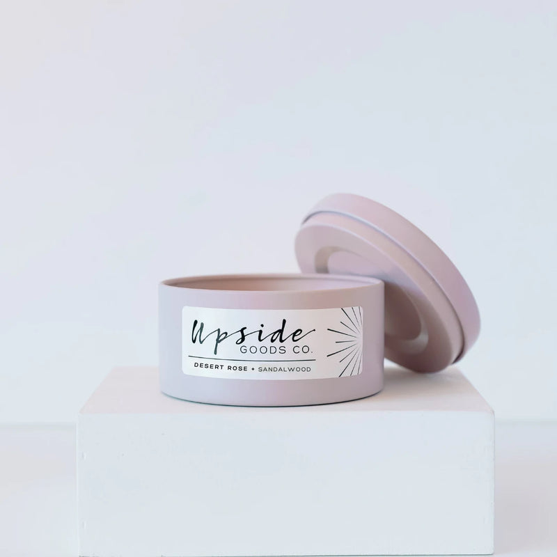 Upside Goods Co. Desert rose + Sandalwood Soy Candle Tin.