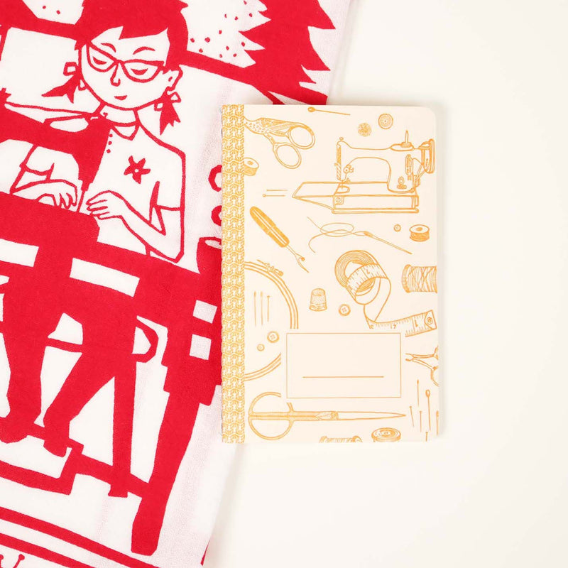 Blackbird Letterpress Handmade Sewing supplies notebook with crafter Kei &Molly dish towel.