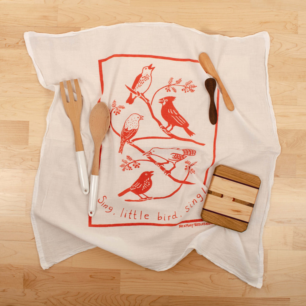 Kei & Molly Songbirds Flour Sack Dish Towel in Desert Coral with Props
