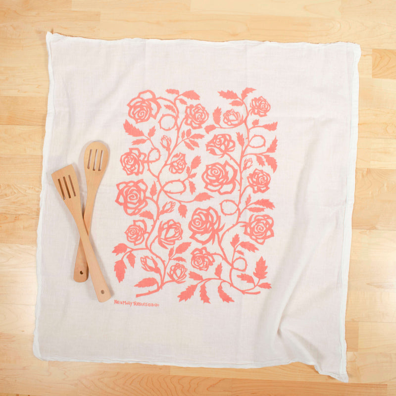 Kei and Molly Flour Sack Dish Towel - Roses (Dusty Pink) flat front