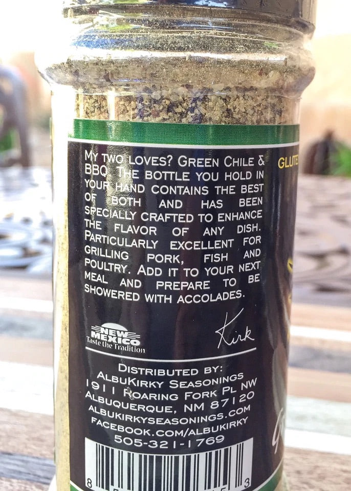 AlbuKirky Seasoning Green Chile Rub, spice container back side ingredient view