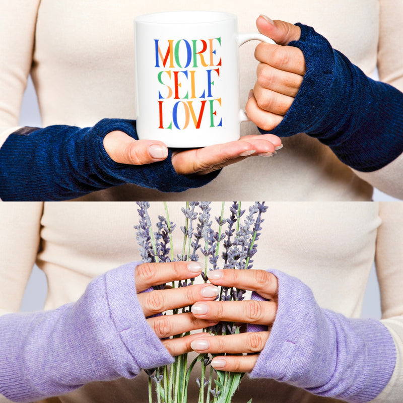 B. B Sheep cashmere fingerless gloves in light blue. 