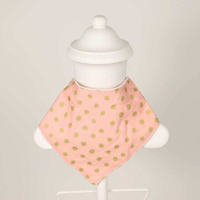 Kinder Sprout Organic Cotton Bandana Bib - Gold polka dots with pink background