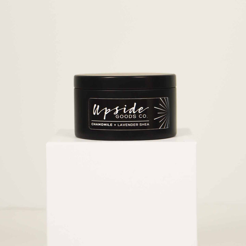 Upside Goods Tin Candle: Chamomile & Lavender Shea Black Tin.