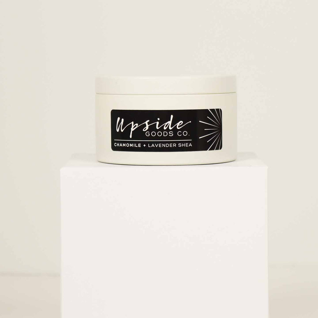 Upside Goods Tin Candle: Chamomile & Lavender Shea White Tin.