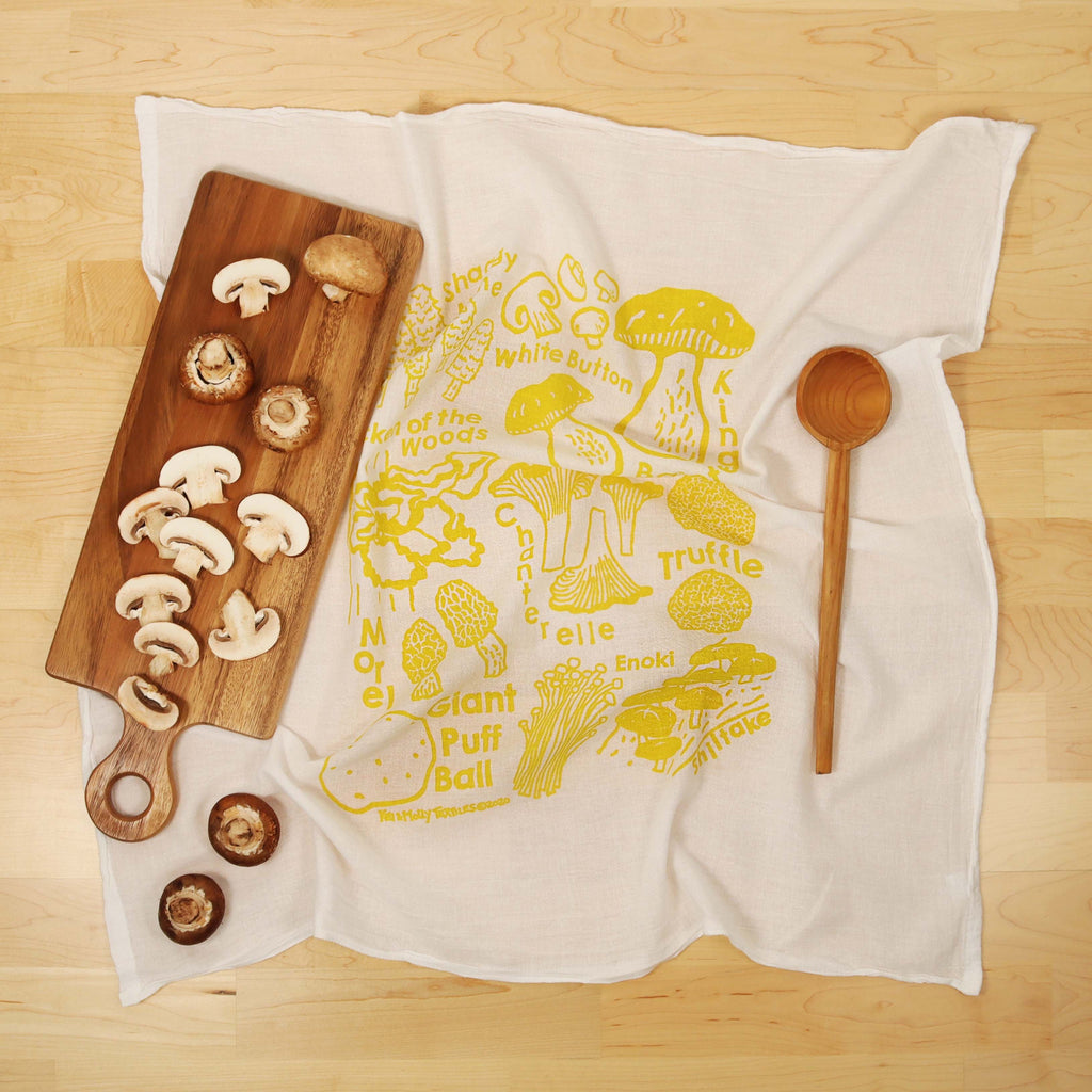 Kei & Molly Mushrooms Flour Sack Dish Towel in Gold with Props