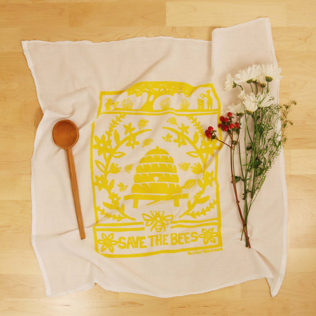 Kei & Molly Bees Flour Sack Dish Towel in Yellow with Props