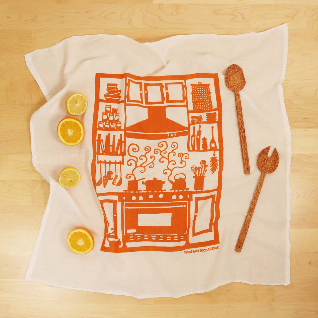 Kei & Molly Flour Sack dish Towel: Kitchen in orange.