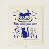 Kei & Molly Textiles Large Sponge Cloth “Wipe down your pet!” design printed in Navy Blue: a dog and a cat shaking off dirt with measurements 