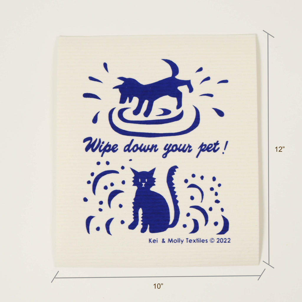 Kei & Molly Textiles Large Sponge Cloth “Wipe down your pet!” design printed in Navy Blue: a dog and a cat shaking off dirt with measurements 