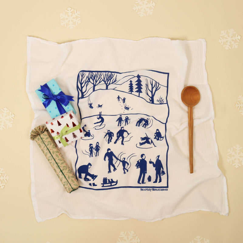 Flour Sack Dish Towel: Ice Skaters in Marina Blue.