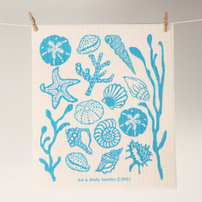 Kei & Molly Textiles Sponge Cloth "Shells" design printed in turquoise. 