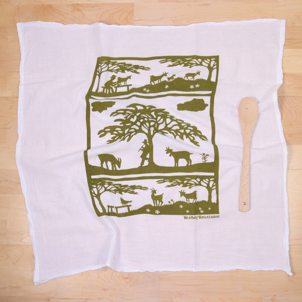 Kei & Molly Goats Flour Sack Dish Towel in Olive Green
