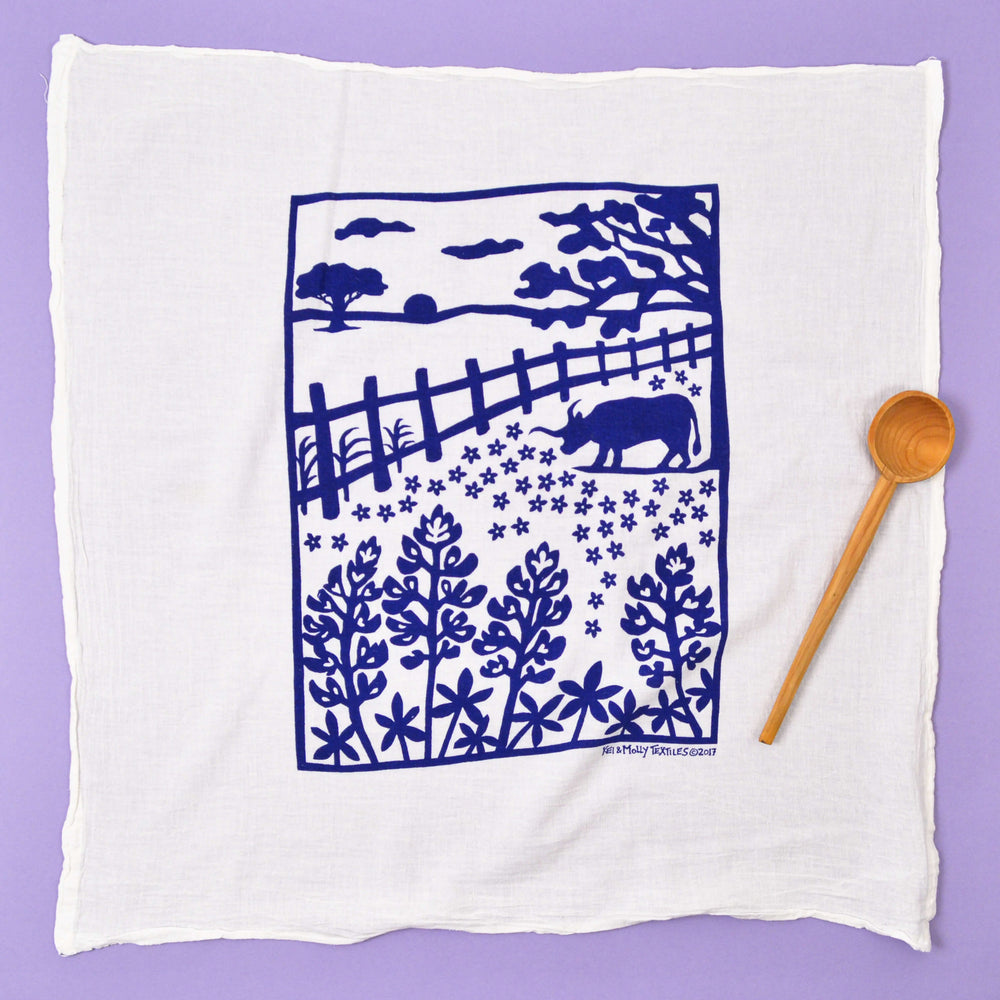 Seaside Tea Towel in White Flour Sack - Blue Kite Press