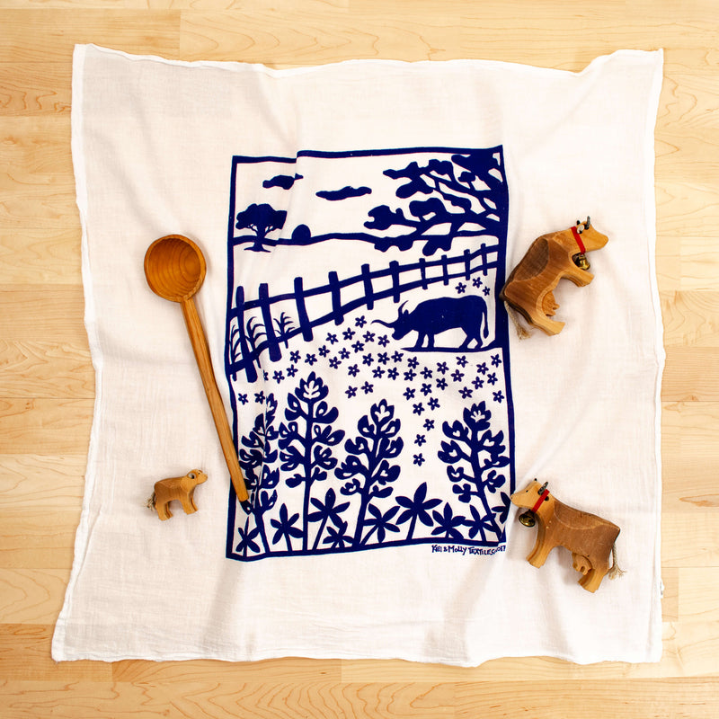 Kei & Molly Bluebonnets Flour Sack Dish Towel in Navy with Props