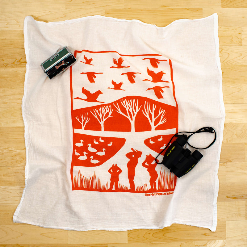 Kei & Molly Cranes Flour Sack Dish Towel in Burnt Orange with Props