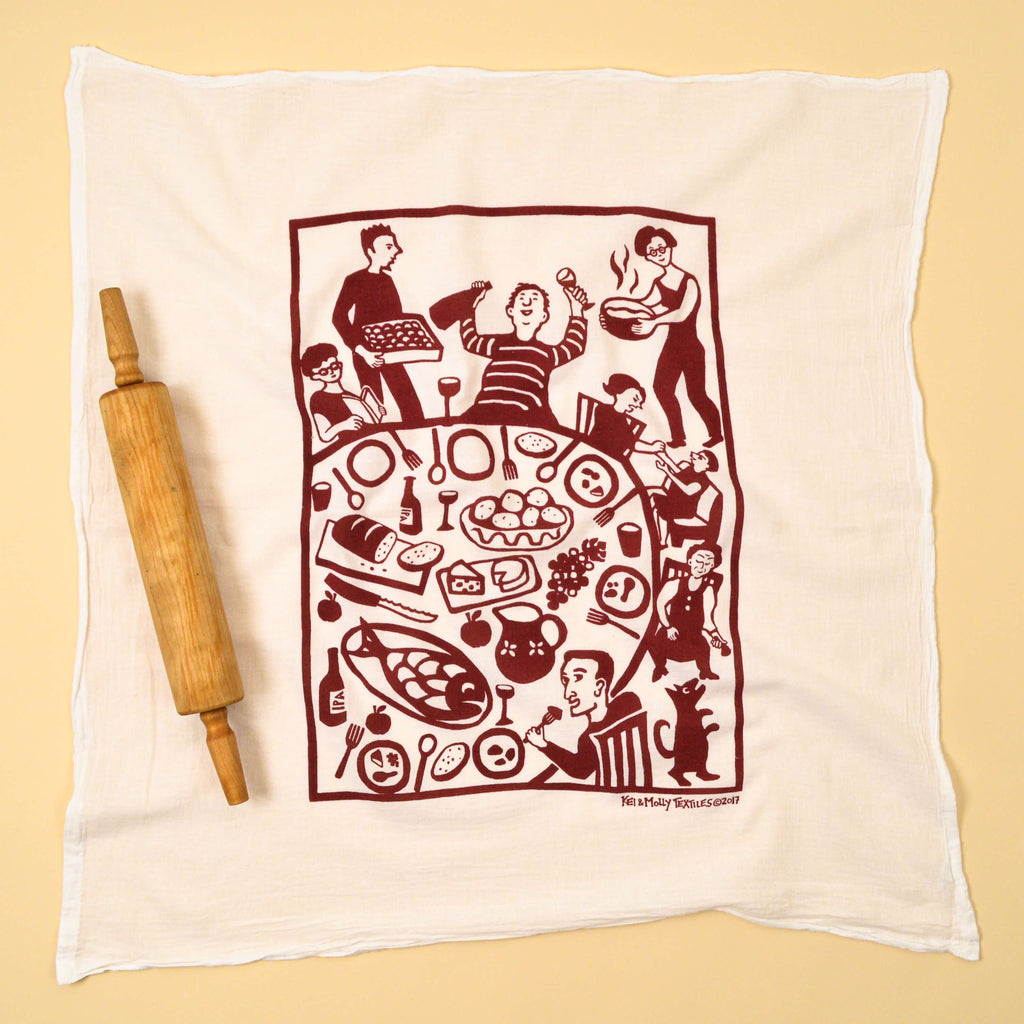 Kei & Molly Dinner Flour Sack Dish Towel in Wine Red Full View