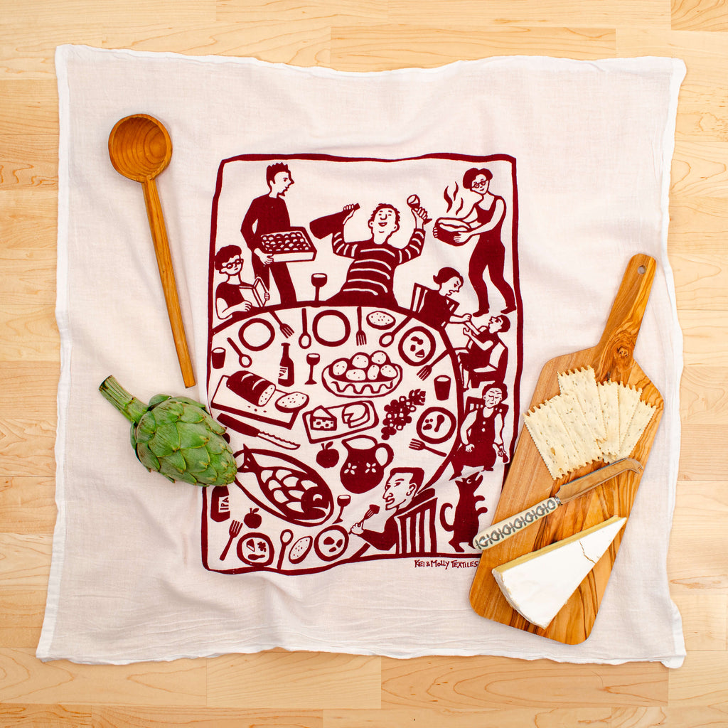 Kei & Molly Dinner Flour Sack Dish Towel in Wine Red with Props