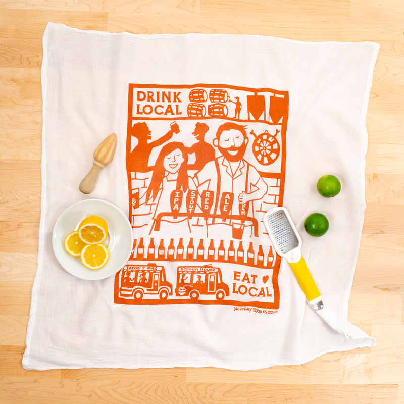 Kei & Molly Drink Local Flour Sack Dish Towel in Desert Coral with Props