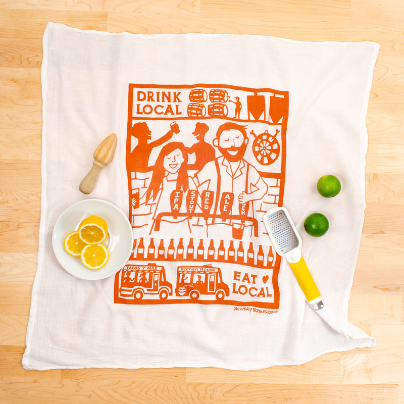 Kei & Molly Drink Local Flour Sack Dish Towel in Desert Coral with Props
